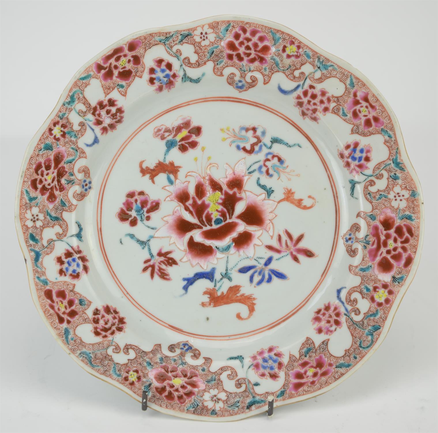 Eight famille rose dishes; each one decorated with floral designs and about 22.5 cm diameter, - Image 25 of 28