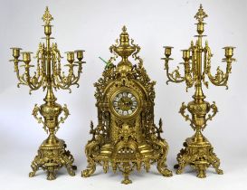 20th century brass clock garniture