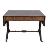 Early 19th century mahogany and rosewood crossbanded sofa table, the top with drop leaves over two