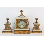 A French onyx, yellow fossil marble and enamel clock garniture by Eugene Cornu, late 19th Century,