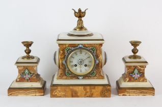 A French onyx, yellow fossil marble and enamel clock garniture by Eugene Cornu, late 19th Century,