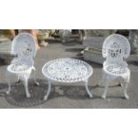 Pair of Victorian style aluminium chairs, H86cm, together with a round table H40cm x D76cm