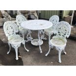 Victorian style pierced aluminium garden table H73 x D91cm and four similar chairs, H86cm