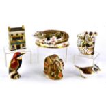 Six Royal Crown Derby paper weights to include Crocodile, Blue Tit, Old Imari Snake, Koala & Baby,