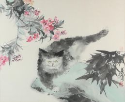 A Chinese Picture of a cat beside flowers; two red seals and a small inscription at right,