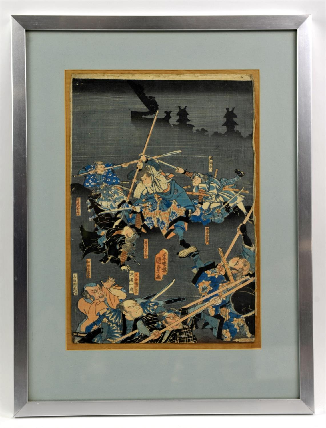 Seven framed and glazed oban tate-e, including: one by Utagawa Toyokuni III; one by Utagawa - Image 3 of 14