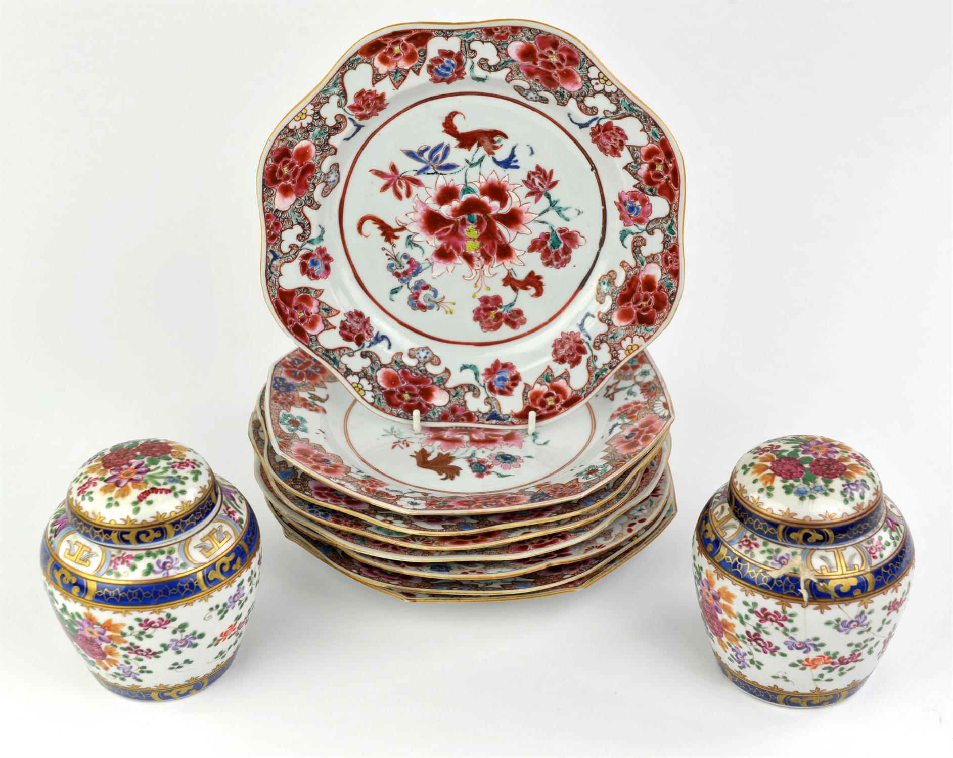 Eight famille rose dishes; each one decorated with floral designs and about 22.5 cm diameter, - Image 15 of 28