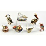 Seven Royal Crown Derby porcelain paperweights, to include Swan designed by Mark Delf, gold stopper,