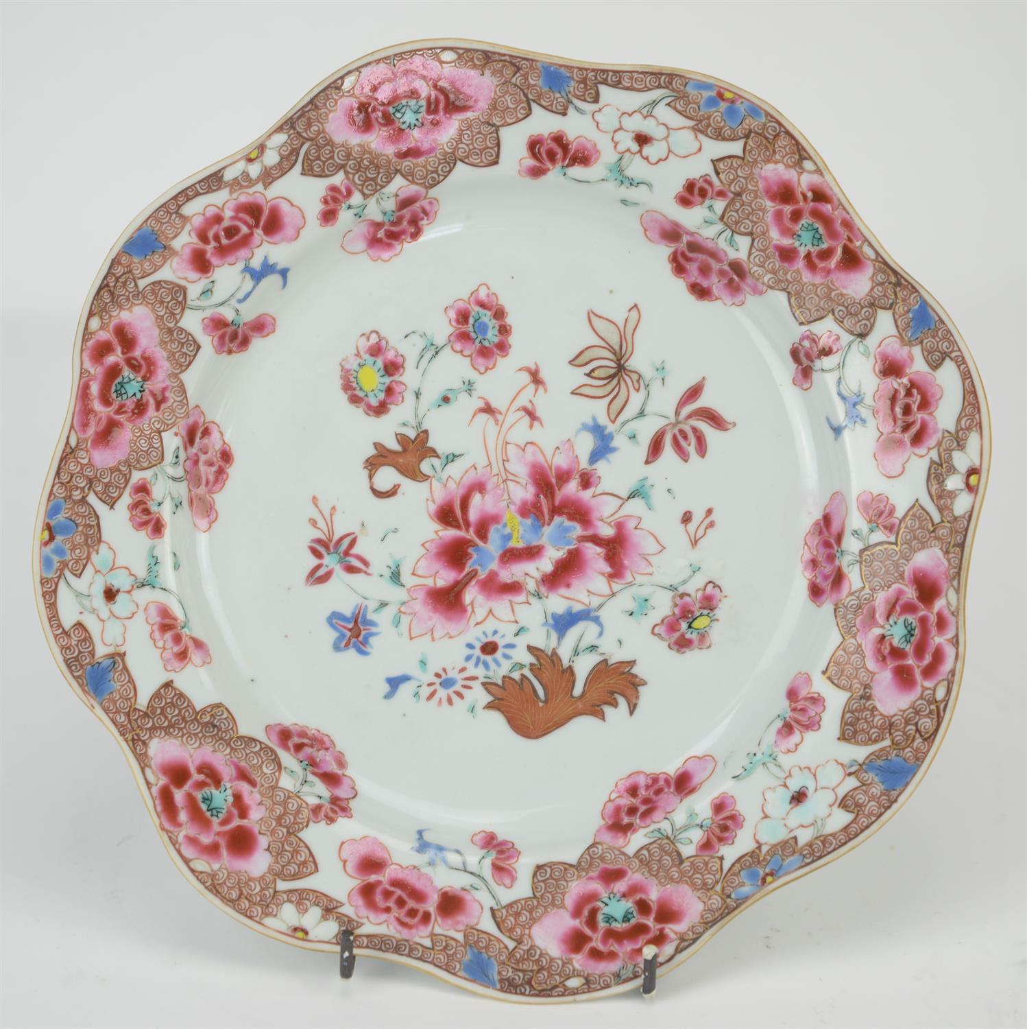 Eight famille rose dishes; each one decorated with floral designs and about 22.5 cm diameter, - Image 13 of 28