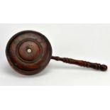 A treen offertory plate holder, probably 18th Century, with turned handle, 39cm long