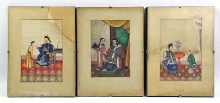 Three Chinese School pith or rice paper pictures; together with a lime-green ground,