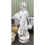 Reconstituted stone figure of a woman holding baskets of fruit, H138cms