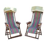 Pair of Apollo deck chairs with striped canvas seating, labels to seats for Taylor Bros (Sandiacre)