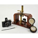 R & J Beck Ltd Microscope (possibly for dissection) wooden stand and box, compensated brass pocket