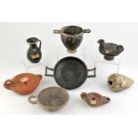 A quantity of Antiquities, to comprise South Italian black-glazed kylix, circa 4th Century BC,