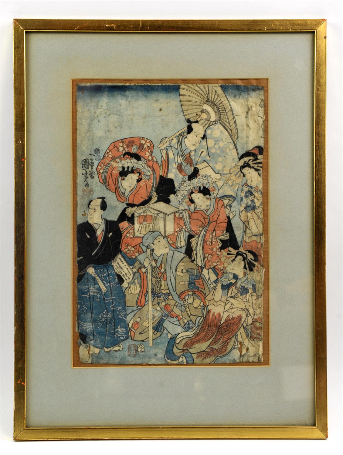 Seven framed and glazed oban tate-e, including: one by Utagawa Toyokuni III; one by Utagawa - Image 13 of 14