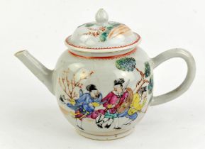 A Chinese Export, famille rose teapot and domed cover; decorated with three figures in a narrative