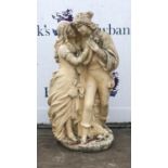 Reconstituted stone figure of renaissance lovers, H74cm on a fluted scrolling plinth H33cm