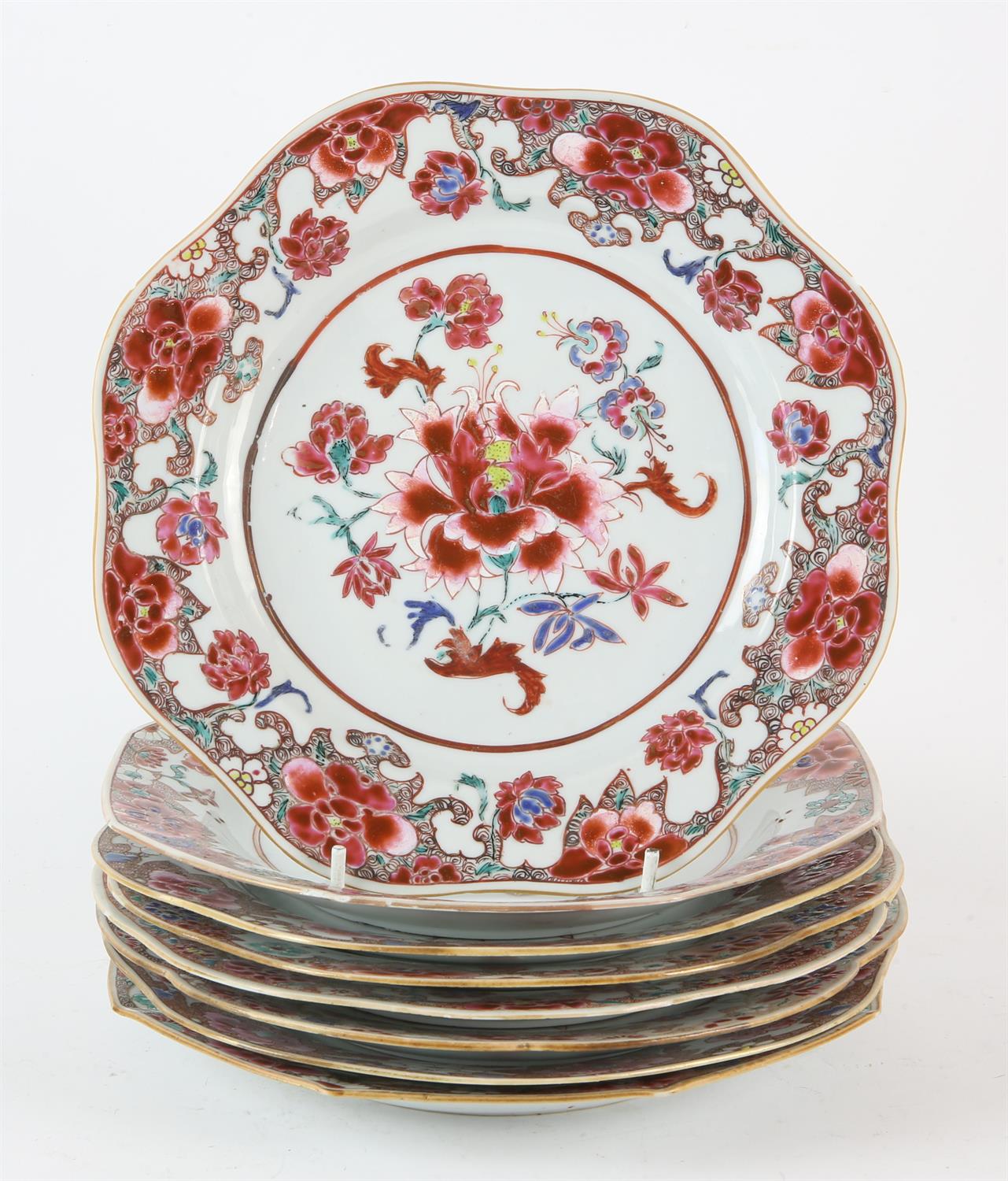 Eight famille rose dishes; each one decorated with floral designs and about 22.5 cm diameter, - Image 16 of 28