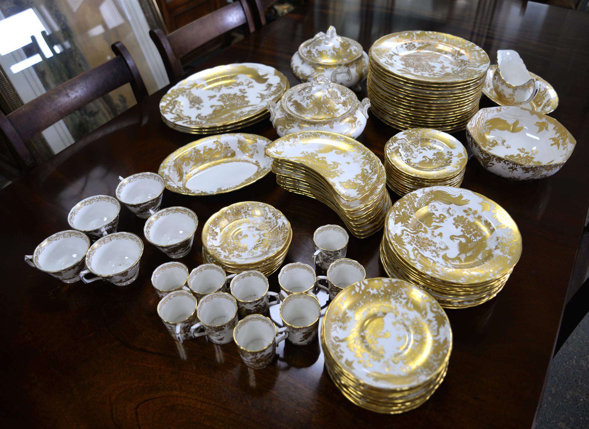 Royal Crown Derby, a part dinner service in the Gold Aves pattern, printed marks to base, - Image 5 of 38