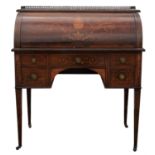 Manner of Edwards and Roberts, an Edwardian rosewood and inlaid cylinder bureau, decorated in the