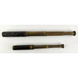 Two brass three draw telescopes, both 19th Century, with leather covered grips, 49 and 28.
