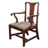 George III fruitwood open armchair, with solid vase form splat, scrolling arms, with drop in