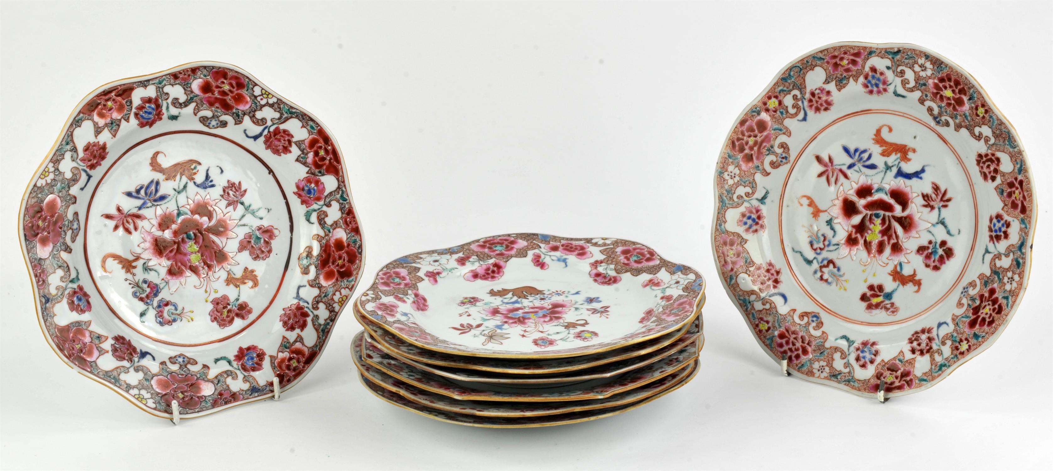 Eight famille rose dishes; each one decorated with floral designs and about 22.5 cm diameter, - Image 4 of 28