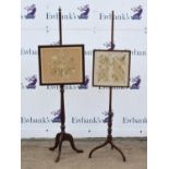 Two mahogany pole screens, one 19th Century, both with embroidered floral panels to screen,