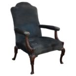 George I armchair, with rectangular arched back above padded seat and arms, on cabriole legs,