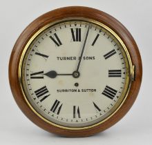 Early 20th century mahogany wall clock, the white enamel dial signed Turner & Sons Surbiton &