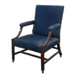 Georgian mahogany armchair, late 18th/early 19th Century, with blue upholstery, on square legs