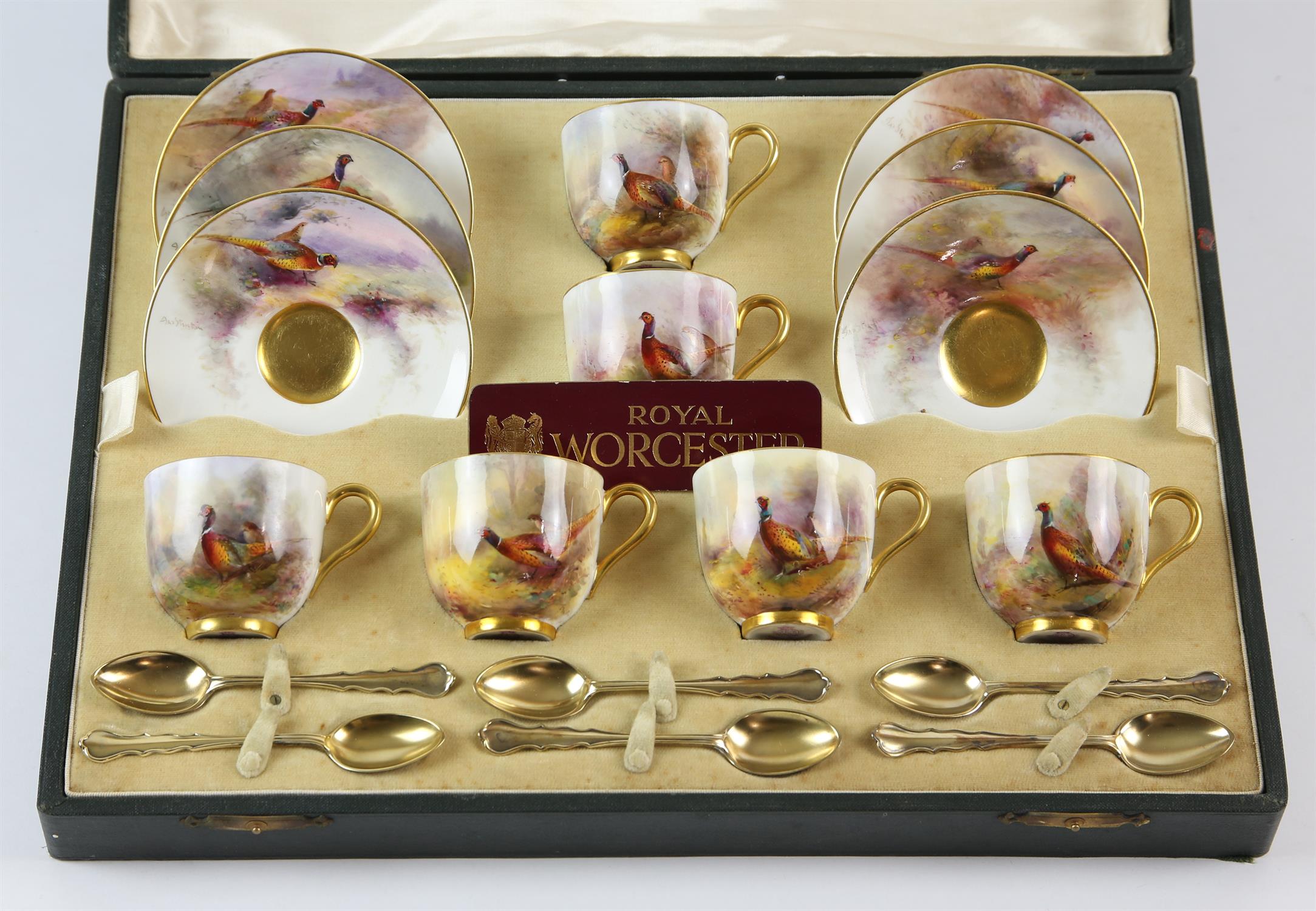 A Royal Worcester porcelain presentation tea set by James Stinton, decorated with pheasant in - Image 2 of 6