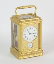 French carriage clock, 19th Century, the gorge case and face plate richly engraved with leaf and