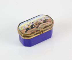 19th century enamel snuff box, of horse racing interest in rectangular canted form,