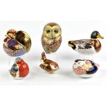 Six Royal Crown Derby Paperweights, including Duck signed in gold pen by John Ablitt, and Quail,