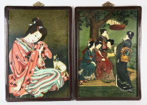 Two Chinese, or other Asian, glass pictures, comprising: one depicting a Japanese Yamato Nadeshko