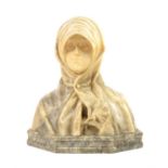 A grey and veined alabaster bust of a lady, late 19th Century, wrapped in cloak with a hood,