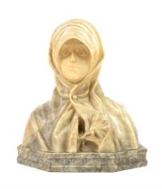 A grey and veined alabaster bust of a lady, late 19th Century, wrapped in cloak with a hood,