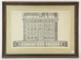 Two façade views of an Indian palace, 19th Century, pen and ink on paper, framed and glazed,