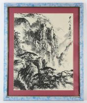 Chinese School, a mountainous landscape in ink; two red seals and single line inscription; framed