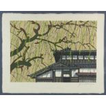 Jun'ichirô Sekino (1914-1988) house by a tree, woodcut , signed in pencil at bottom right,