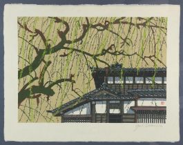 Jun'ichirô Sekino (1914-1988) house by a tree, woodcut , signed in pencil at bottom right,