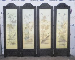 A Chinese four-leaf screen with glazed textile panels depicting Natural History themes and