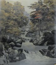 A large Yuzen Birodo textile of a rural bridge crossing a meandering stream; the reverse with trade