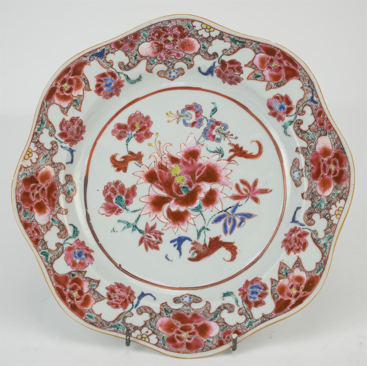 Eight famille rose dishes; each one decorated with floral designs and about 22.5 cm diameter, - Image 9 of 28