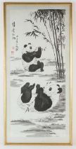 Chinese School, two Giant Panda [Ailuropoda Melanoleuca] beside bamboo; two red seals and