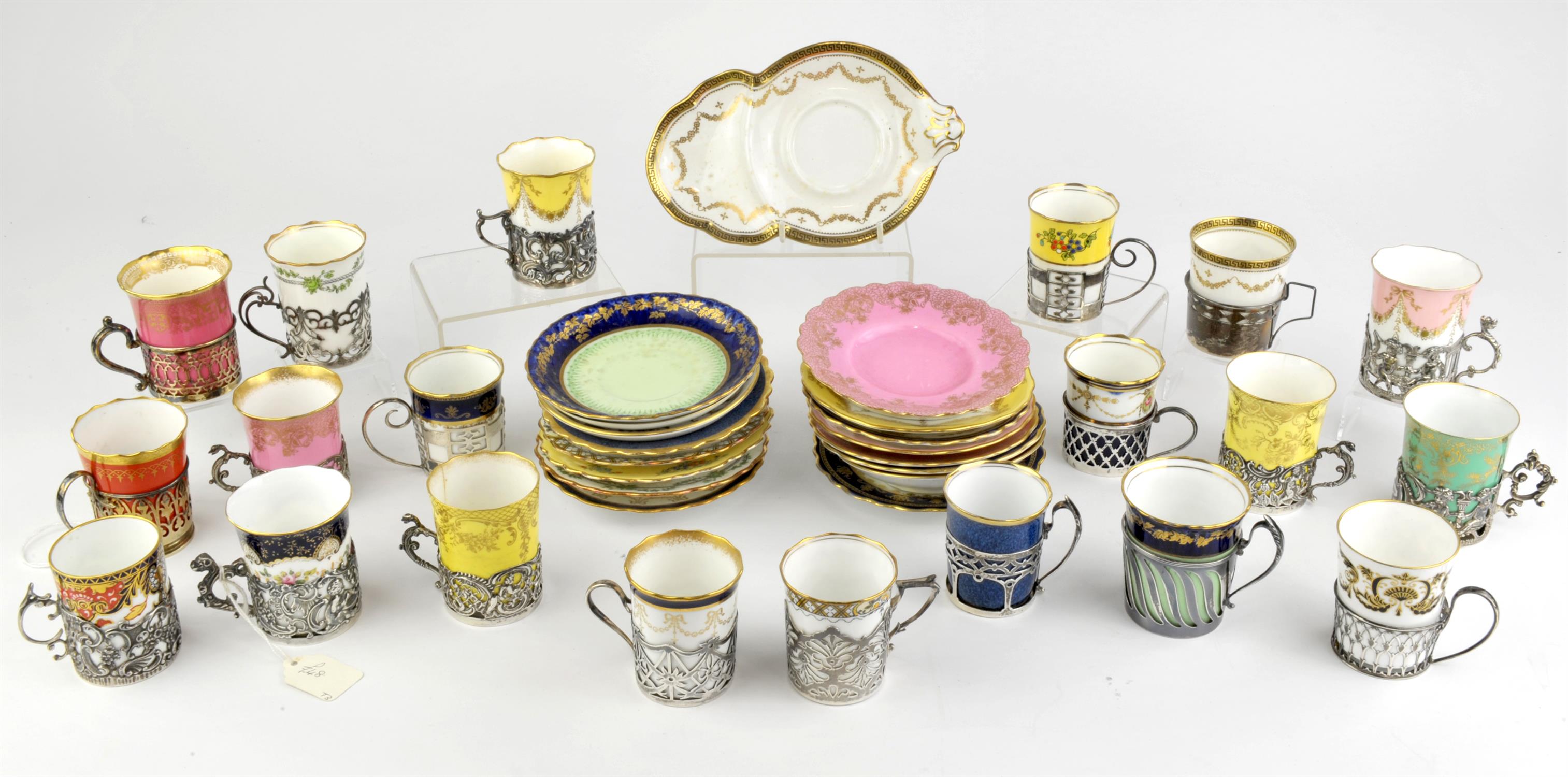 Collection of coffee cans and saucers, early 20th Century, mostly by Aynsley, Coalport, Copelands,
