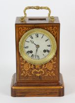 Rosewood and florally inlaid mantel clock, 19th Century, with a gilt metal engine turned bezel,