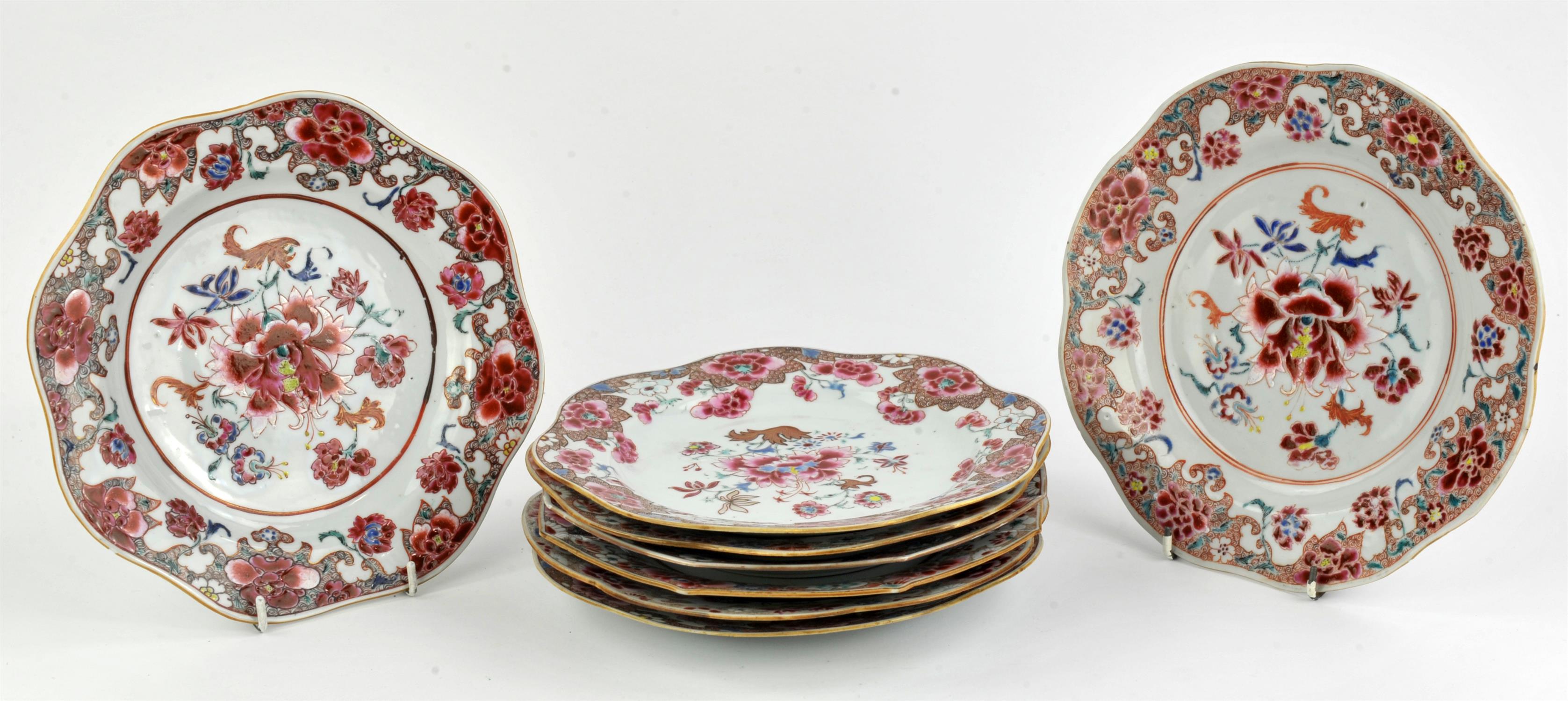 Eight famille rose dishes; each one decorated with floral designs and about 22.5 cm diameter, - Image 18 of 28